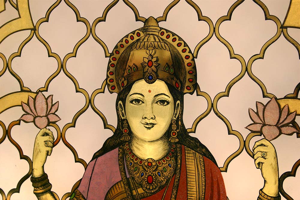 Eglomise Reverse Gilding Gold Leaf Hindu Goddesses Saraswati Lakshmi Glass Door San Francisco Ca 2