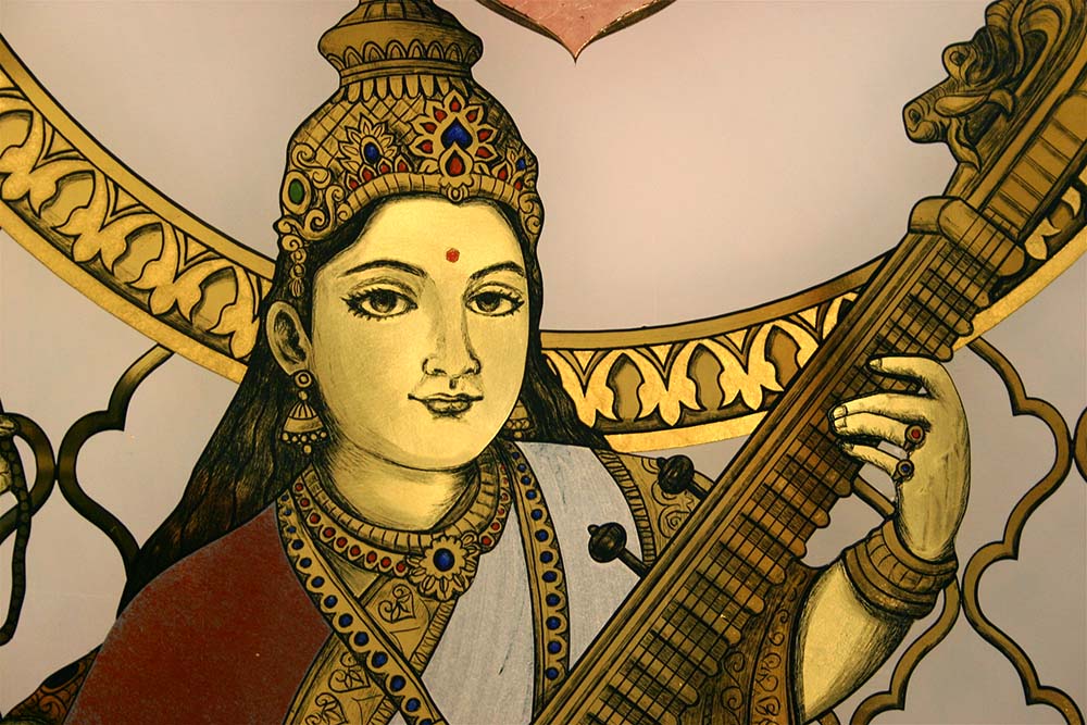 Eglomise Reverse Gilding Gold Leaf Hindu Goddesses Saraswati Lakshmi Glass Door San Francisco Ca 3