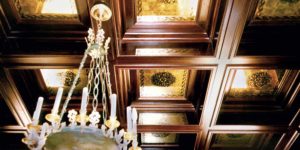 Eglomise Reverse Gilding Gold Leaf Rosettes Glass Coffered Library Ceiling 1