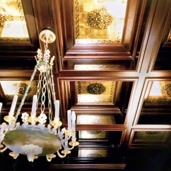 Eglomise Reverse Gilding Gold Leaf Rosettes Glass Coffered Library Ceiling 1
