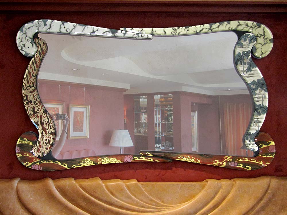 Eglomise Reverse Gilding White Gold Leaf Himalayan Inspired Design Glass Antiqued Mirror Donald Shelley Rubin 1