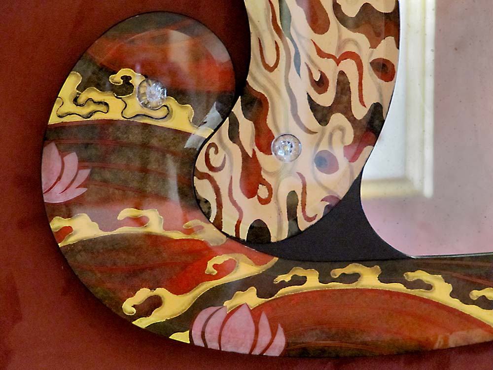 Eglomise Reverse Gilding White Gold Leaf Himalayan Inspired Design Glass Antiqued Mirror Donald Shelley Rubin 4