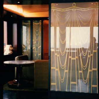 Glass Carved Art Deco Inspired Gold Leaf Gilding Media Room Doors 1