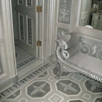 Christianson Lee Studios painted Pavlovsk-inspired Powder Room floor, with painted scrollwork on tea paper for wall panels