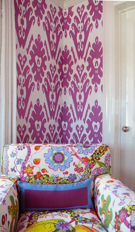 Custom designed magenta ikat stencil on Bedroom walls