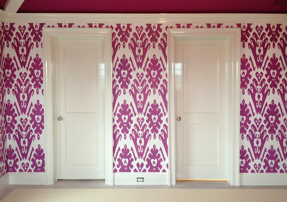 Custom designed magenta ikat stencil on Bedroom walls _ After view