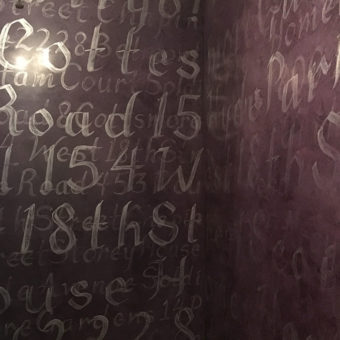 Venetian Plaster Iridescent Calligraphy Aubergine Powder Room Walls