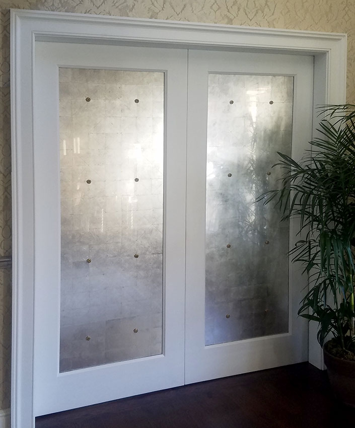 verre eglomise antiqued silver leaf foyer doors 1